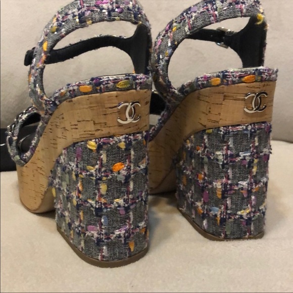 Chanel Chain Blue Grey Tweed Cork Wedges 40 10 - excellent condition - Picture 2 of 5